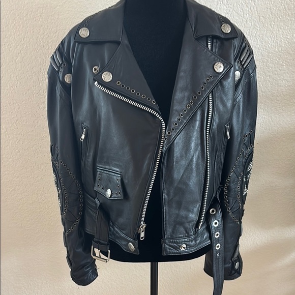 RARE VINTAGE BAJA Trading Company Studded Eagle Rhinestone 100% Leather Jacket - Picture 11 of 16